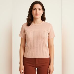 Vintage Pink Short Sleeve Knit Sweater | Size M | Textured Ribbed Top